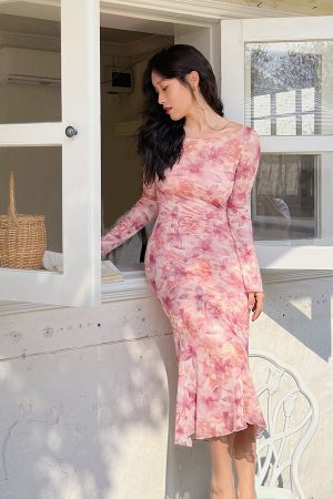 Floral Mesh Two-Piece Long Sleeve Bodycon Dress - Sexy Slim Fit with Long Skirt - Y2K Inspired Fashion