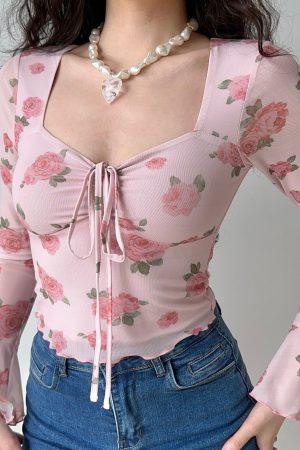 Floral Print Bell Sleeve Square Neck Shirt - Women's Slim Fit Long Sleeve Top - DIY French Sweet Style
