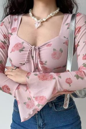 Floral Print Bell Sleeve Square Neck Shirt - Women's Slim Fit Long Sleeve Top - DIY French Sweet Style