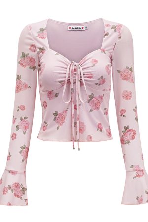 Floral Print Bell Sleeve Square Neck Shirt - Women's Slim Fit Long Sleeve Top - DIY French Sweet Style