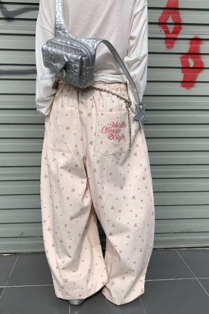 Floral Print High-Waisted Wide-Leg Pants for Men and Women, Casual Loose Straight Embroidered Trousers, Y2K American Style