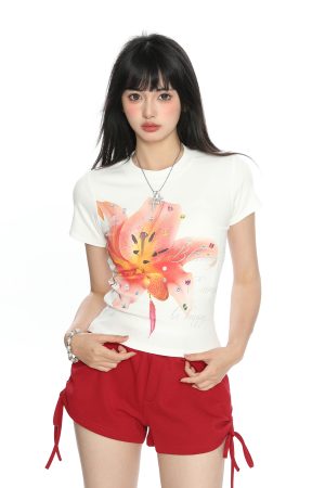 Floral Print Short-Sleeve T-Shirt for Women - Slim Fit Cropped Round Neck Summer Top - American Style Spicy Girl Fashion
