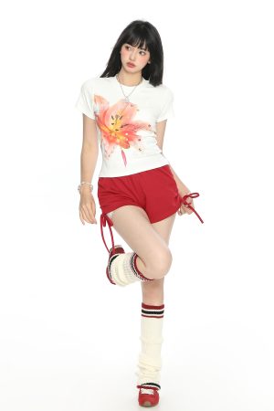 Floral Print Short-Sleeve T-Shirt for Women - Slim Fit Cropped Round Neck Summer Top - American Style Spicy Girl Fashion