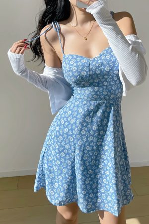 Floral Print Tie Strap Casual Dress - Short Skirt European American Style for Vacation, Summer, Beach, 90s Inspired Fashion