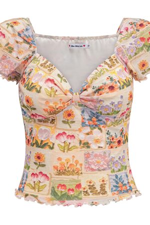Floral Print V-Neck T-Shirt for Women - Summer Lace Mesh Short Sleeve Top in European American Style, Perfect for 90s and Y2K Fashion