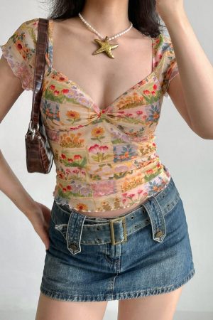 Floral Print V-Neck T-Shirt for Women - Summer Lace Mesh Short Sleeve Top in European American Style, Perfect for 90s and Y2K Fashion