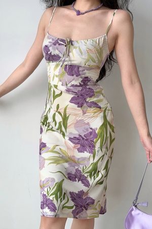 Floral Printed Hollow-Out Camisole Dress with Fitted Waist - European & American Style for Vacation, 90s Inspired Fashion