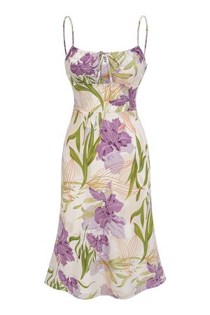 Floral Printed Hollow-Out Camisole Dress with Fitted Waist - European & American Style for Vacation, 90s Inspired Fashion