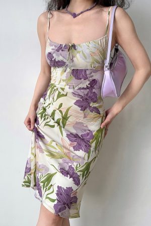Floral Printed Hollow-Out Camisole Dress with Fitted Waist - European & American Style for Vacation, 90s Inspired Fashion