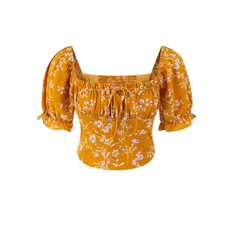 Floral Puff Sleeve Blouse - Square Neck, Waist-Revealing, Short Sleeve - Spring/Summer 2025 Vacation Style Floral Puff Sleeve Blouse - Square Neck, Waist-Revealing, Short Sleeve - Spring/Summer 2025 Vacation Style