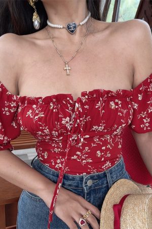 Floral Puff Sleeve Top with Square Neck and Drawstring Waist - Spring/Summer 2025 Vacation Style, Perfect for 90s and Y2K Fashion