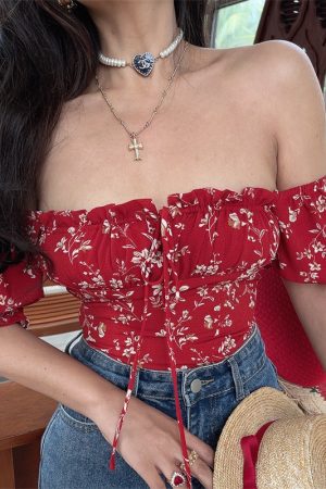 Floral Puff Sleeve Top with Square Neck and Drawstring Waist - Spring/Summer 2025 Vacation Style, Perfect for 90s and Y2K Fashion