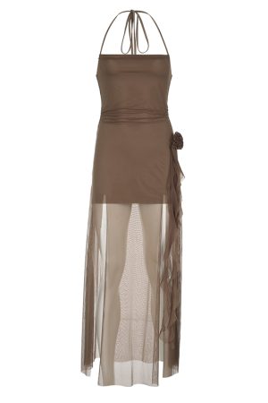 Floral Ribbon Split Hem Backless Halter Camisole Dress with Sheer Mesh Splicing - Y2K Style Long Skirt