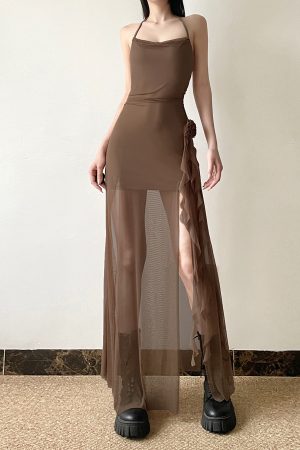 Floral Ribbon Split Hem Backless Halter Camisole Dress with Sheer Mesh Splicing - Y2K Style Long Skirt