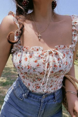 Floral Ruffle Tie-Up Camisole Top for Women - French Vintage Style, 2025 Spring/Summer Fashion, Perfect for Y2K and Korean Style Looks