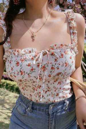 Floral Ruffle Tie-Up Camisole Top for Women - French Vintage Style, 2025 Spring/Summer Fashion, Perfect for Y2K and Korean Style Looks