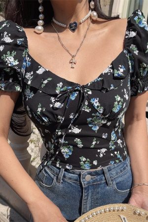 Floral Ruffled Puff Sleeve Tie Short-Sleeve Shirt - 2025 Spring/Summer Vacation Top