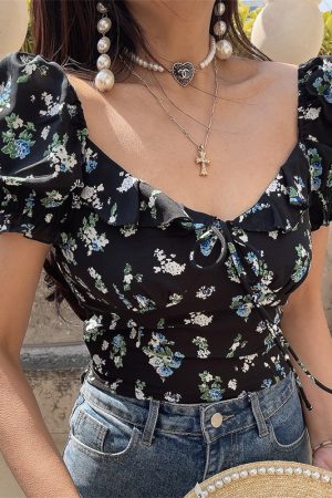 Floral Ruffled Puff Sleeve Tie Short-Sleeve Shirt - 2025 Spring/Summer Vacation Top