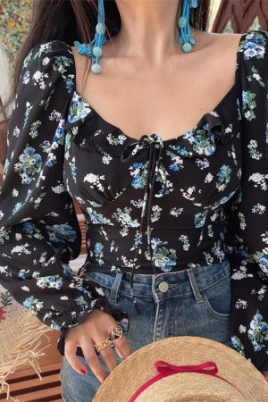 Floral Ruffled Square Neck Lantern Sleeve Crop Top - 2025 Spring/Summer Vacation Style, Y2K Inspired Fashion