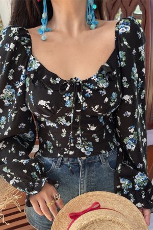 Floral Ruffled Square Neck Lantern Sleeve Crop Top - 2025 Spring/Summer Vacation Style, Y2K Inspired Fashion