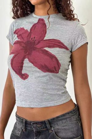 Floral Short-Sleeve Crop Top for Women - Y2K American Retro Style, Summer Slim Fit, Spicy Sweet Design