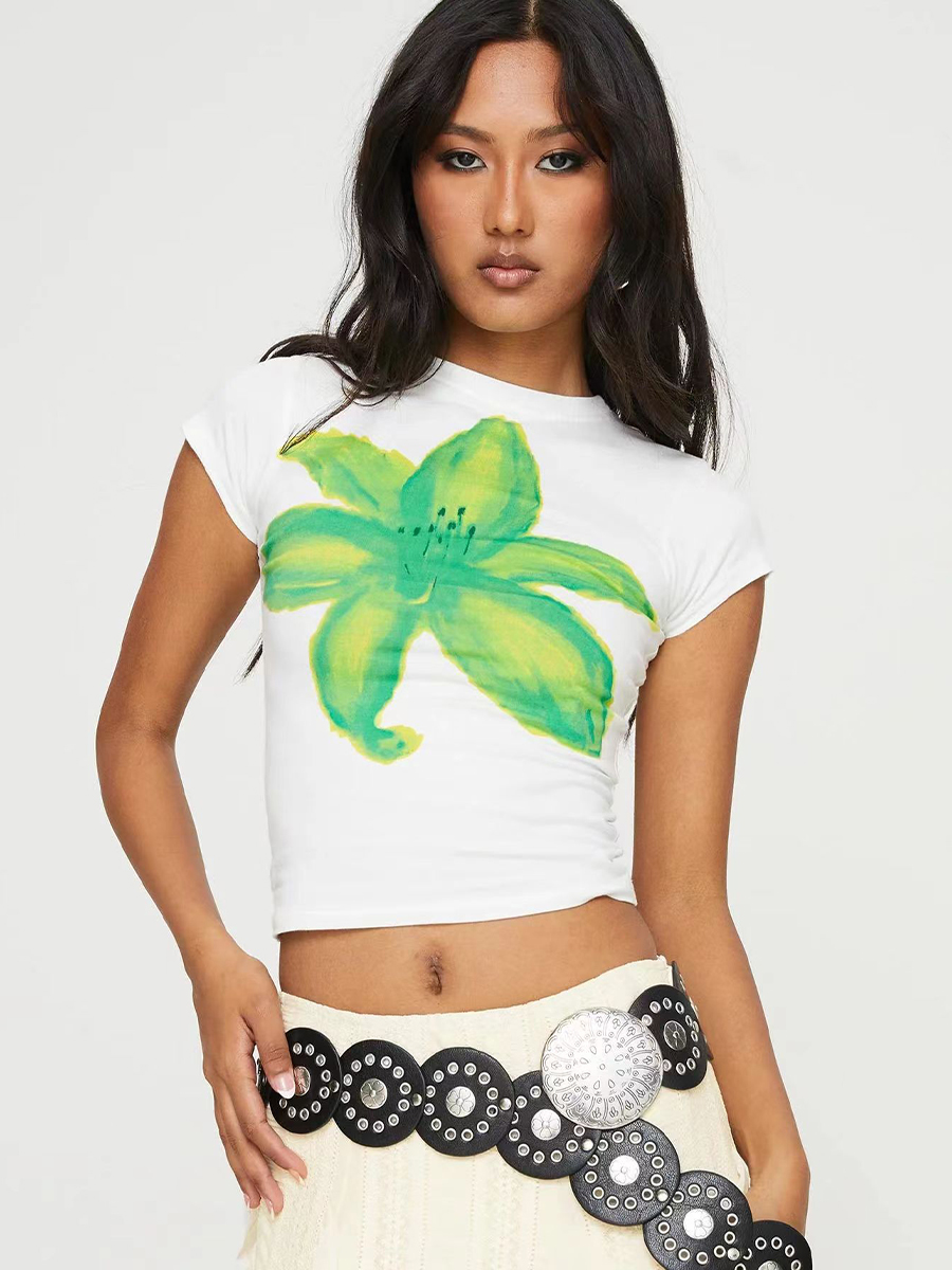 Floral Short-Sleeve Crop Top for Women - Y2K American Retro Style, Summer Slim Fit, Spicy Sweet Design Floral Short-Sleeve Crop Top for Women - Y2K American Retro Style, Summer Slim Fit, Spicy Sweet Design