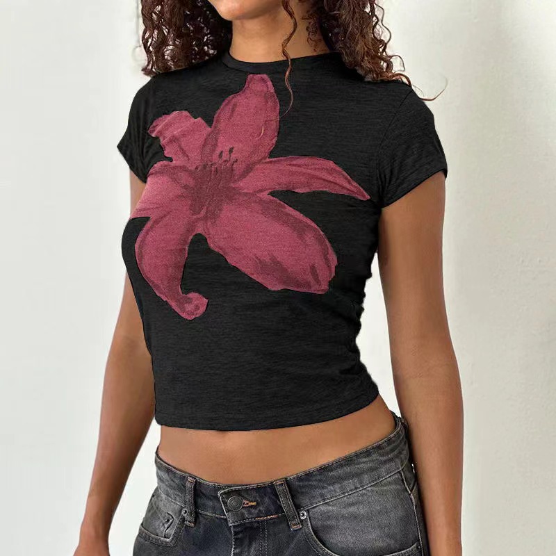 Floral Short-Sleeve Crop Top for Women - Y2K American Retro Style, Summer Slim Fit, Spicy Sweet Design Floral Short-Sleeve Crop Top for Women - Y2K American Retro Style, Summer Slim Fit, Spicy Sweet Design