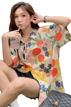 Floral Short-Sleeve Shirt for Girls, Hawaiian Vacation Beach Top, Retro Hong Kong Style Loose Fit, Summer Fashion Essential