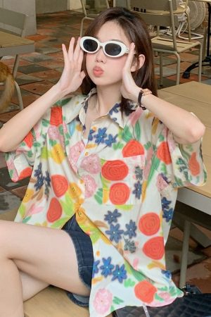 Floral Short-Sleeve Shirt for Girls, Hawaiian Vacation Beach Top, Retro Hong Kong Style Loose Fit, Summer Fashion Essential