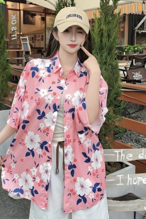 Floral Short Sleeve Shirt for Women - Loose Casual Hawaiian Beach Blouse in Ice Silk - Trendy Summer Top for Seaside Vacations