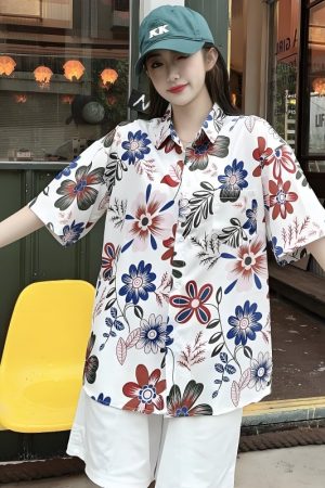 Floral Short Sleeve Shirt for Women - Loose Casual Hawaiian Beach Blouse in Ice Silk - Trendy Summer Top for Seaside Vacations