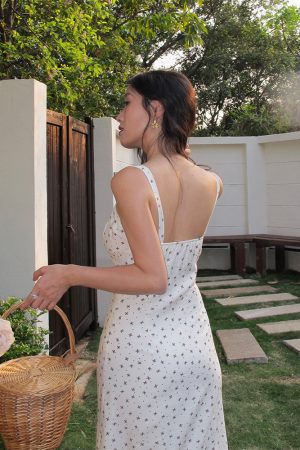 Floral Spaghetti Strap Dress - Sexy Slim Long Dress in French Style, Perfect for Summer, Y2K and 90s Fashion Lovers