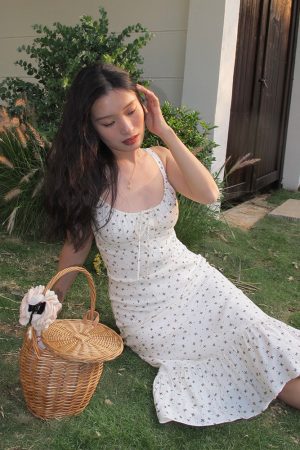 Floral Spaghetti Strap Dress - Sexy Slim Long Dress in French Style, Perfect for Summer, Y2K and 90s Fashion Lovers