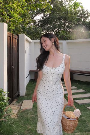 Floral Spaghetti Strap Dress - Sexy Slim Long Dress in French Style, Perfect for Summer, Y2K and 90s Fashion Lovers