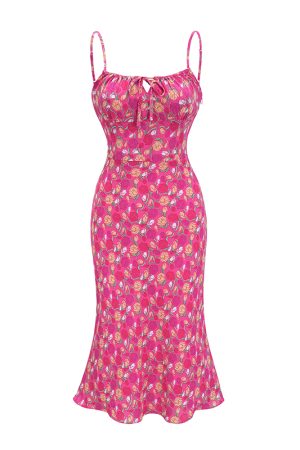 Floral Spaghetti Strap Dress for Women - Summer Vacation Beach Bodycon Dress with Waist-Defined Silhouette - European & American Style