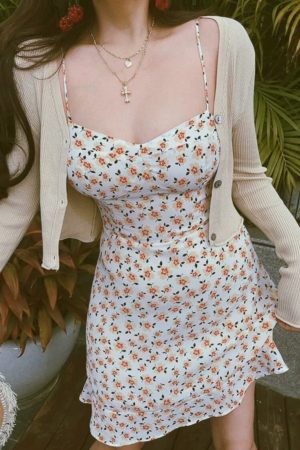 Floral Spaghetti Strap Mini Dress - 2024 Spring/Summer, Non-Selective Design, French Sexy Vacation Style, Trendy Chenopod Look
