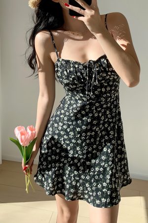 Floral Tie Strap Slim Fit A-Line Dress - Fresh Girl Style for Vacation, Short Skirt Inspired by 90s & Y2K Fashion Trends