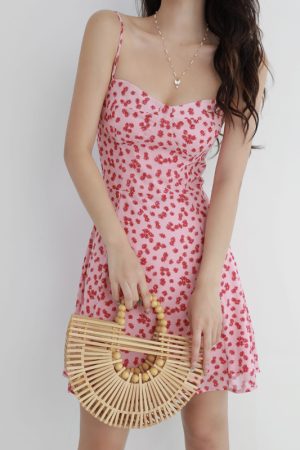 Floral V-Neck Pink Dress - French Style Slim-Fit with Waist-Cinching Wrap, Spaghetti Straps, Short Skirt for Fresh Girl Aesthetic