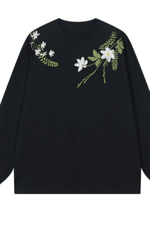 Floral Wreath Embroidered Long Sleeve T-Shirt - Chinese Style Plant Series, Silhouette Design, Perfect for 90s and Y2K Fashion