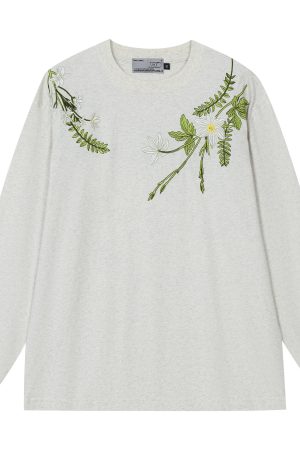 Floral Wreath Embroidered Long Sleeve T-Shirt - Chinese Style Plant Series, Silhouette Design, Perfect for 90s and Y2K Fashion