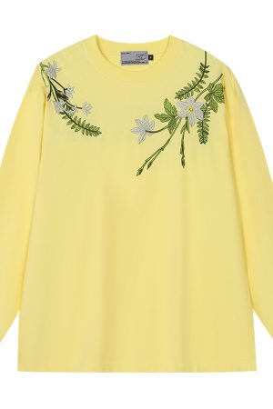 Floral Wreath Embroidered Long Sleeve T-Shirt - Chinese Style Plant Series, Silhouette Design, Perfect for 90s and Y2K Fashion