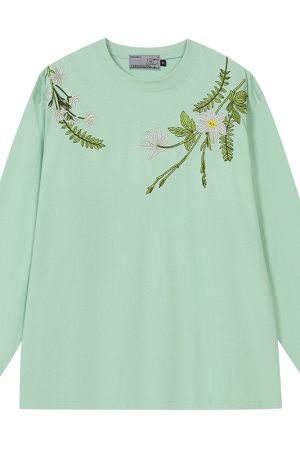 Floral Wreath Embroidered Long Sleeve T-Shirt - Chinese Style Plant Series, Silhouette Design, Perfect for 90s and Y2K Fashion