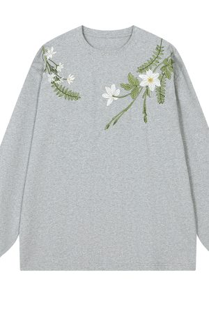 Floral Wreath Embroidered Long Sleeve T-Shirt - Chinese Style Plant Series, Silhouette Design, Perfect for 90s and Y2K Fashion