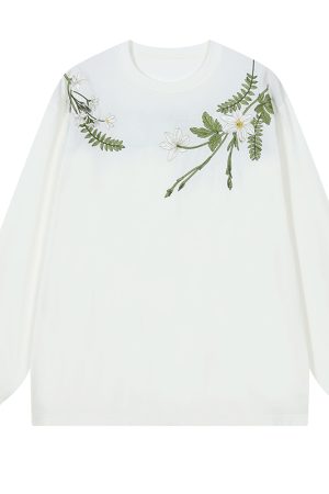 Floral Wreath Embroidered Long Sleeve T-Shirt - Chinese Style Plant Series, Silhouette Design, Perfect for 90s and Y2K Fashion