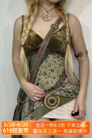 Forest Style Folk Floral Patchwork Spaghetti Strap Women's Asymmetrical Mid-Length Ethnic Vest - Boho Chic 90s Inspired Fashion