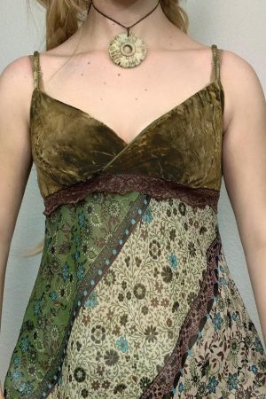 Forest Style Folk Floral Patchwork Spaghetti Strap Women's Asymmetrical Mid-Length Ethnic Vest - Boho Chic 90s Inspired Fashion