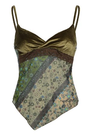 Forest Style Folk Floral Patchwork Spaghetti Strap Women's Asymmetrical Mid-Length Ethnic Vest - Boho Chic 90s Inspired Fashion