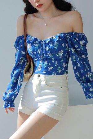 French Blue Floral Square Neck One-Shoulder Puff Sleeve Shirt for Women with Waist-Cinching Design, Long Sleeve Y2K Vacation Top