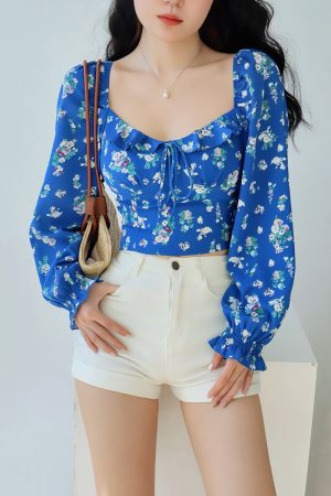 French Blue Floral Square Neck One-Shoulder Puff Sleeve Shirt for Women with Waist-Cinching Design, Long Sleeve Y2K Vacation Top