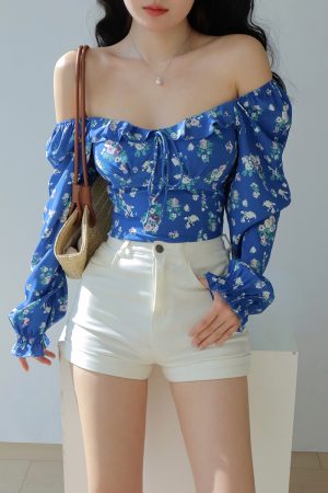 French Blue Floral Square Neck One-Shoulder Puff Sleeve Shirt for Women with Waist-Cinching Design, Long Sleeve Y2K Vacation Top